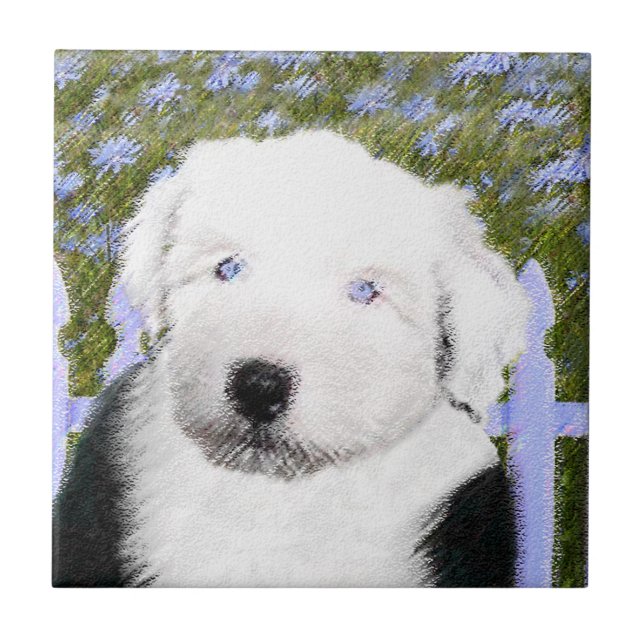 Old English Sheepdog Puppy Painting - Dog Art Fliese (Vorderseite)