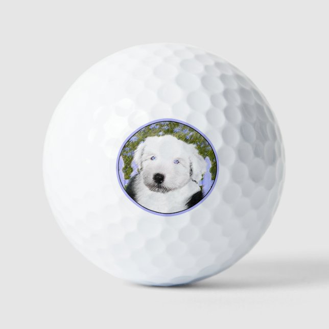 Old English Sheepdog Puppy Painting - Dog Art Golfball (Vorderseite)