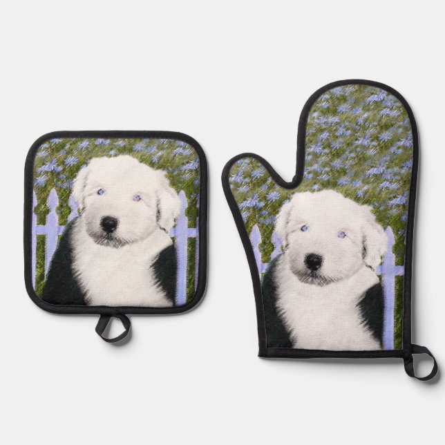 Old English Sheepdog Puppy Painting Dog Art Ofenhandschuh & Topflappen-Set (Vorderseite)