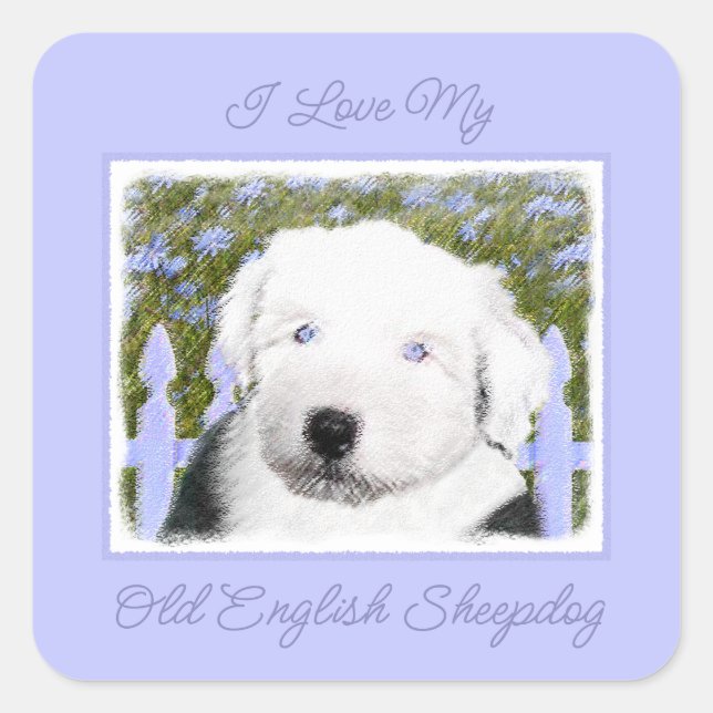 Old English Sheepdog Puppy Painting - Dog Art Squa Quadratischer Aufkleber (Vorderseite)