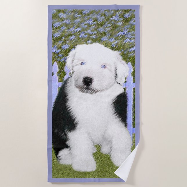 Old English Sheepdog Puppy Painting - Hundekunst Strandtuch (Vorderseite)