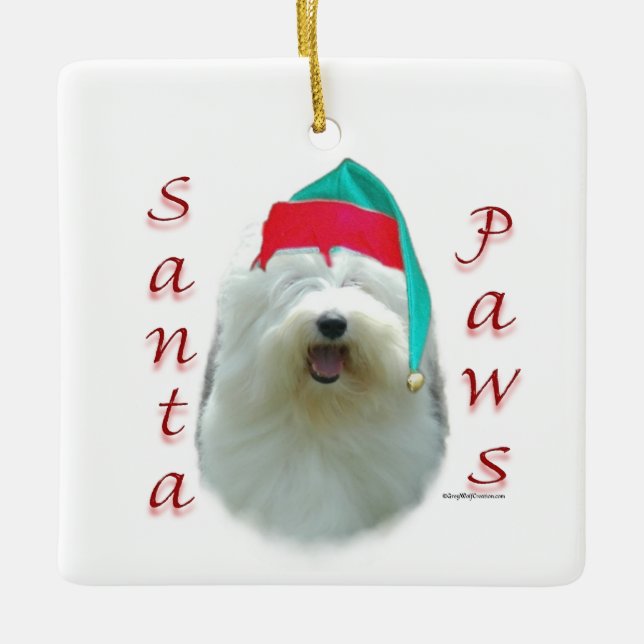 Old English Sheepdog Santa Paws Keramikornament (Vorderseite)