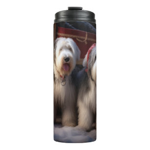 Old English Sheepdog Schneebedeckter Schlitten Wei Thermosbecher