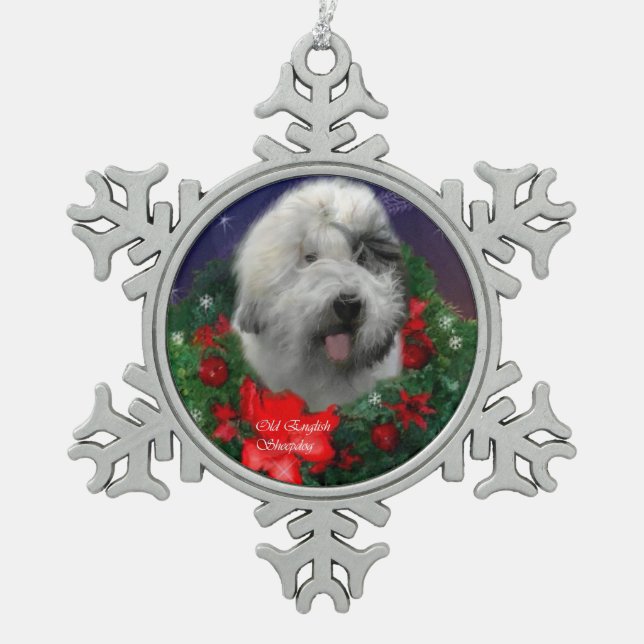 Old English Sheepdog Schneeflocken Zinn-Ornament (Vorderseite)