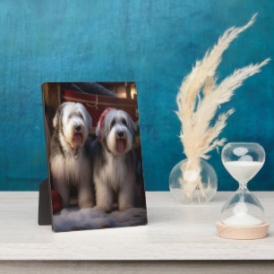 Old English Sheepdog Schneeschlitten Weihnachtsdek Fotoplatte