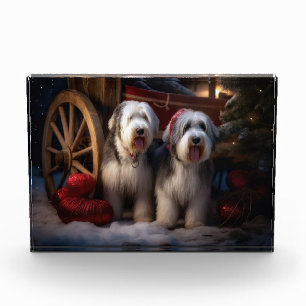 Old English Sheepdog Snowy Sleigh Weihnachtsdekor Fotoblock