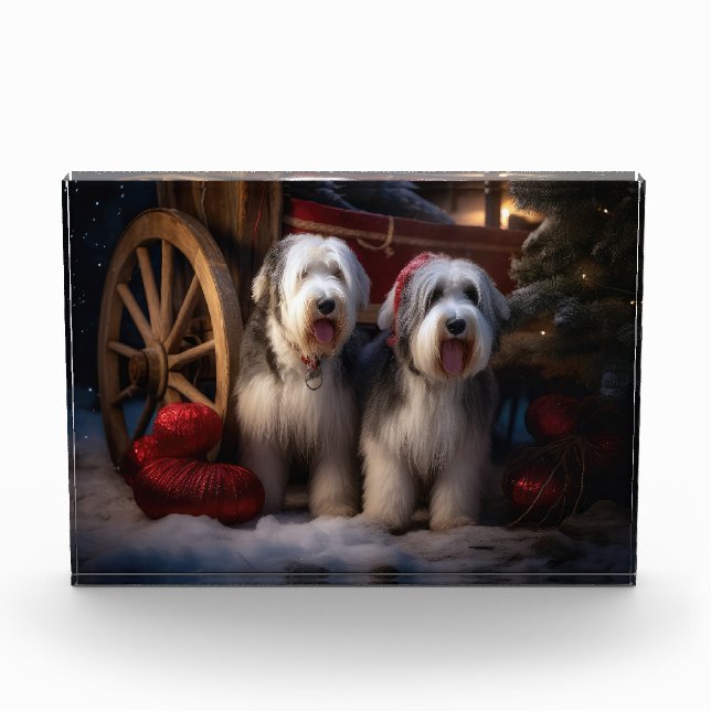 Old English Sheepdog Snowy Sleigh Weihnachtsdekor Fotoblock (Vorderseite)