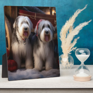 Old English Sheepdog Snowy Sleigh Weihnachtsdekor Fotoplatte