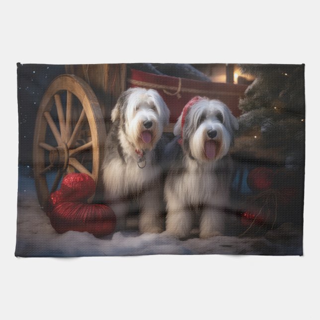 Old English Sheepdog Snowy Sleigh Weihnachtsdekor Geschirrtuch (Horizontal)