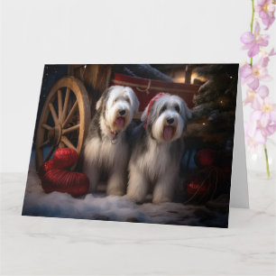 Old English Sheepdog Snowy Sleigh Weihnachtsdekor Karte