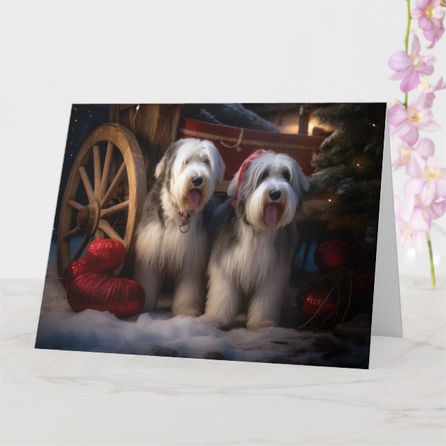 Old English Sheepdog Snowy Sleigh Weihnachtsdekor Karte (Orchidee)