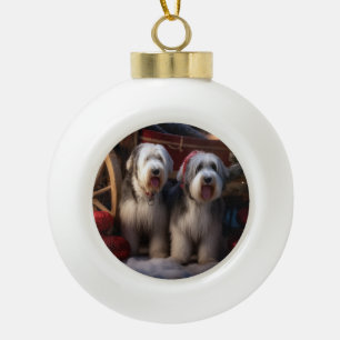 Old English Sheepdog Snowy Sleigh Weihnachtsdekor Keramik Kugel-Ornament