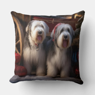 Old English Sheepdog Snowy Sleigh Weihnachtsdekor Kissen