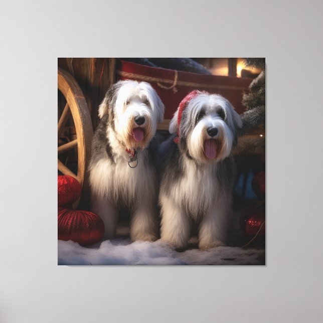 Old English Sheepdog Snowy Sleigh Weihnachtsdekor Leinwanddruck (Vorderseite)