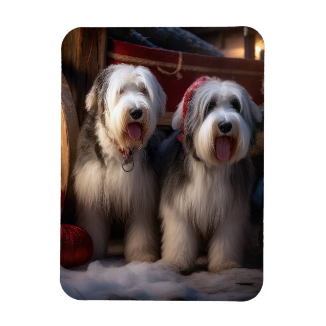 Old English Sheepdog Snowy Sleigh Weihnachtsdekor Magnet (Vertikal)
