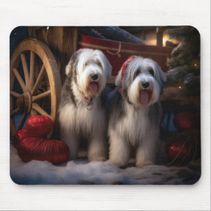 Old English Sheepdog Snowy Sleigh Weihnachtsdekor Mousepad