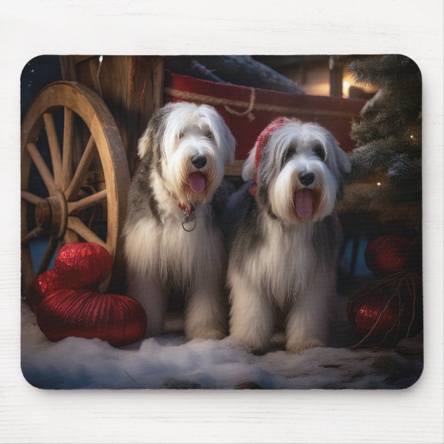 Old English Sheepdog Snowy Sleigh Weihnachtsdekor Mousepad (Vorne)