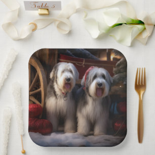 Old English Sheepdog Snowy Sleigh Weihnachtsdekor Pappteller