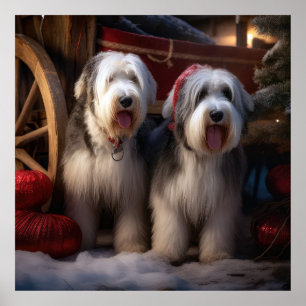 Old English Sheepdog Snowy Sleigh Weihnachtsdekor Poster