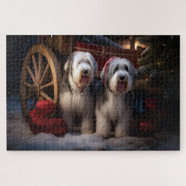 Old English Sheepdog Snowy Sleigh Weihnachtsdekor Puzzle (Horizontal)