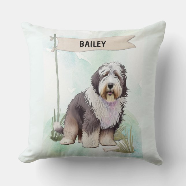 Old English Sheepdog Watercolor Personalized Dog Kissen (Vorderseite)