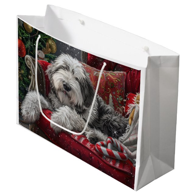 Old English Sheepdog Weihnachts-Festival Große Geschenktüte (Vorderseite Schrägansicht)