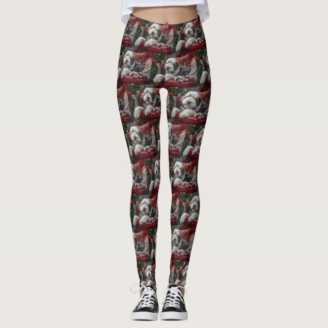 Old English Sheepdog Weihnachts-Festival Leggings (Vorderseite)