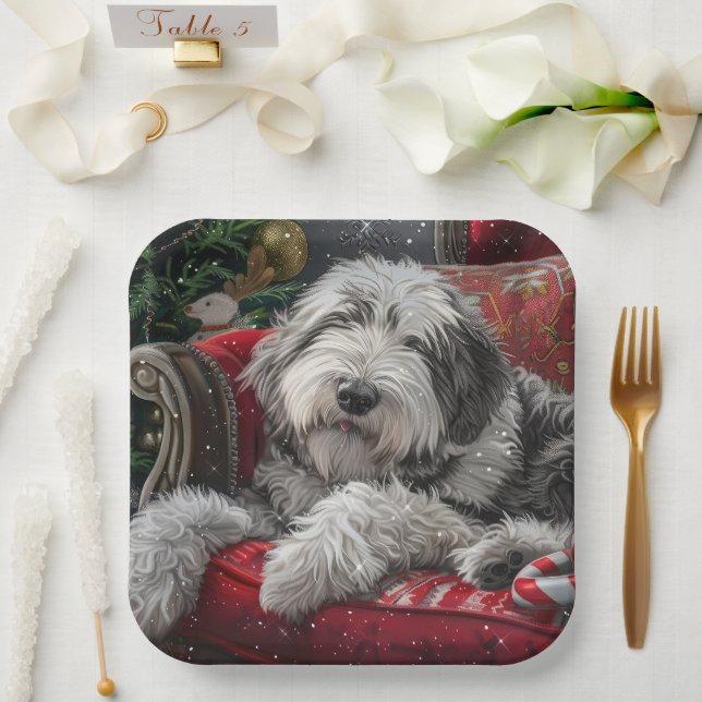 Old English Sheepdog Weihnachts-Festival Pappteller (Hochzeit)