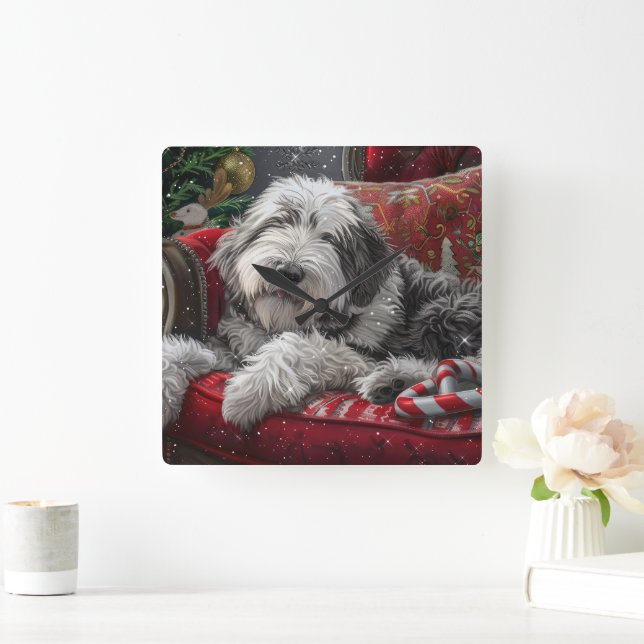 Old English Sheepdog Weihnachts-Festival Quadratische Wanduhr (Zuhause)