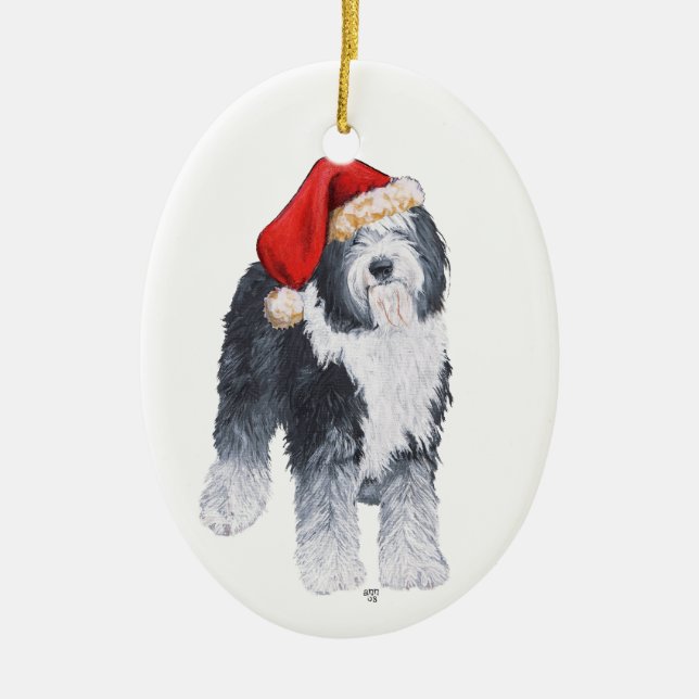 Old English Sheepdog Weihnachtsmannmütze Keramik Ornament (Vorne)
