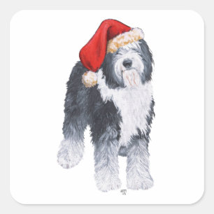Old English Sheepdog Weihnachtsmannmütze Quadratischer Aufkleber
