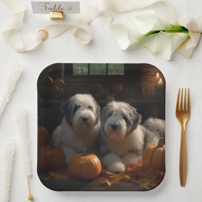 Old English Sheepdog Welpe Autumn Delight Pumpkin Pappteller (Hochzeit)