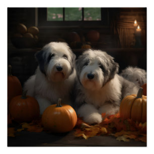 Old English Sheepdog Welpe Autumn Delight Pumpkin Poster
