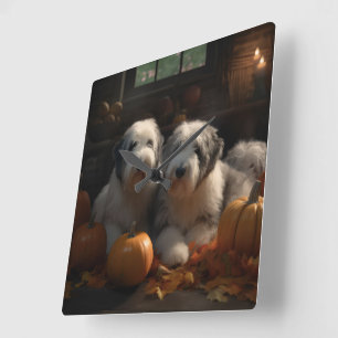 Old English Sheepdog Welpe Autumn Delight Pumpkin Quadratische Wanduhr