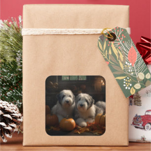 Old English Sheepdog Welpe Autumn Delight Pumpkin Quadratischer Aufkleber