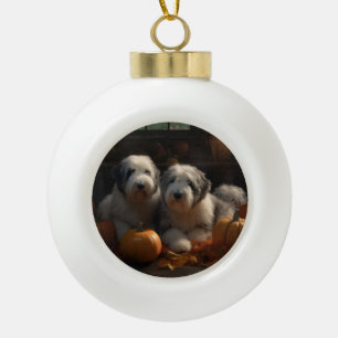 Old English Sheepdog Welpe Herbstfreude Kürbis Keramik Kugel-Ornament