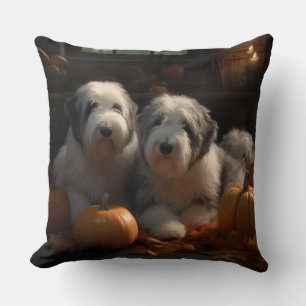 Old English Sheepdog Welpe Herbstfreude Kürbis Kissen