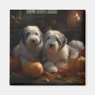 Old English Sheepdog Welpe Herbstfreude Kürbis Magnet