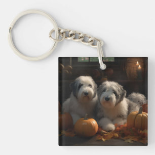 Old English Sheepdog Welpe Herbstfreude Kürbis Schlüsselanhänger