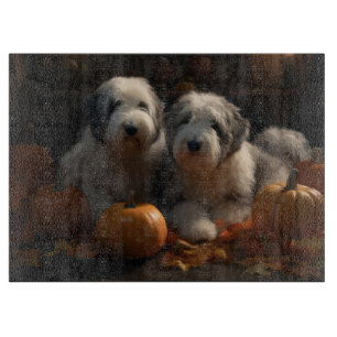 Old English Sheepdog Welpe Herbstfreude Kürbis Schneidebrett
