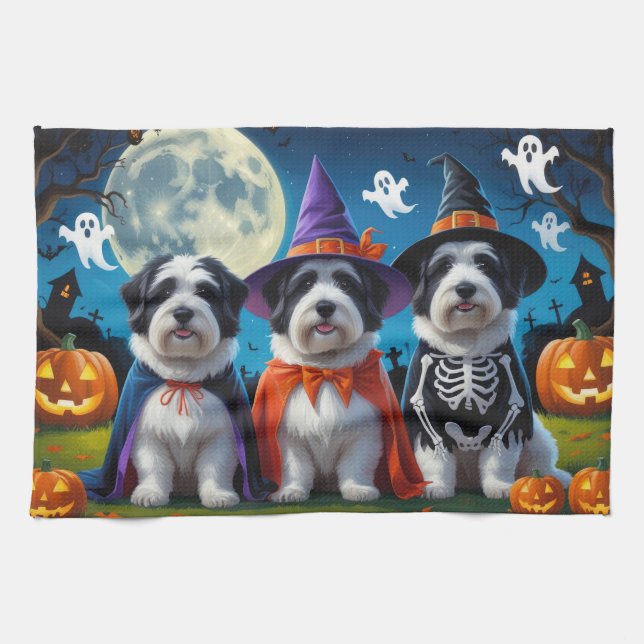 Old English Sheepdogs Pumpkin Halloween Funny Geschirrtuch (Horizontal)