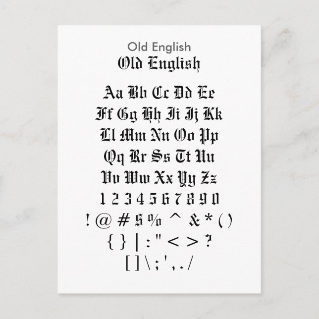 Old English - Zazzle Schriftart Sampler Sheet Postkarte (Vorderseite)
