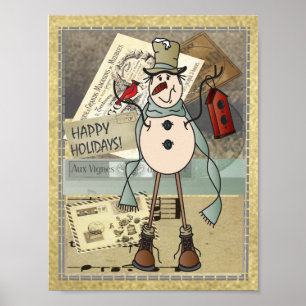 Old Fashion Vintag Style Blue Snowman Poster