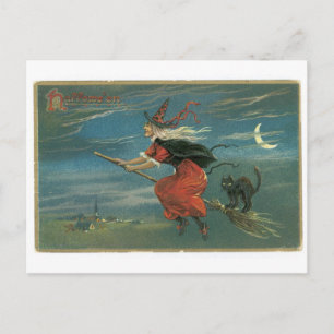 Old-fashioned Halloween, Witch with Black cat Postkarte