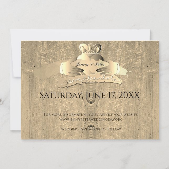 Old Gold Claddagh Ring Flat Save the Date Card (Rückseite)