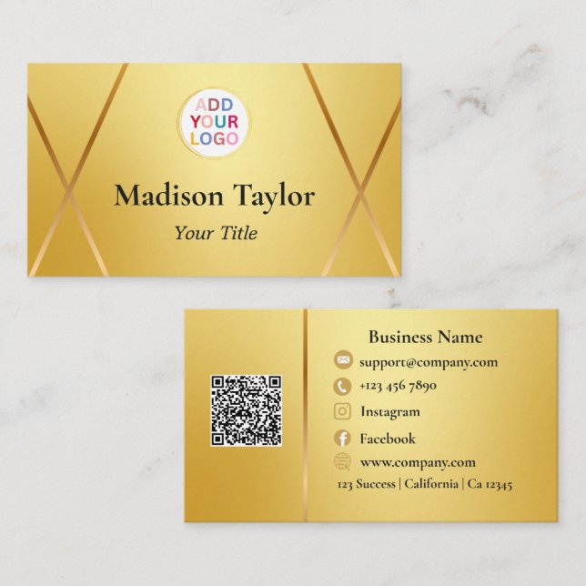 Old Gold QR Code Business Card Template und Logo Visitenkarte (Vorne/Hinten)