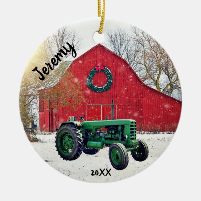 Old Green Tractor Weihnachten Keramik Ornament (Vorne)