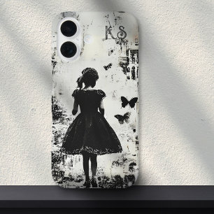 Old Grunge Girl Silhouette Butterfly Monogram iPhone 16 Hülle