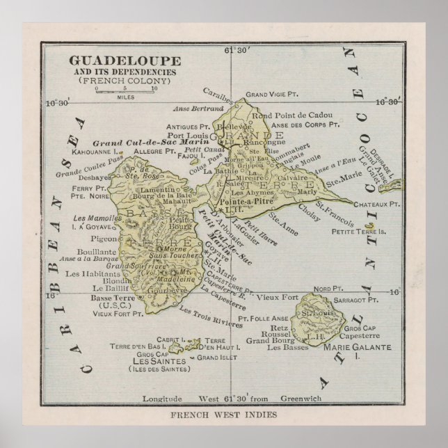 Old Guadeloupe Island Map (1912) Vintag Gwadloup Poster (Vorne)