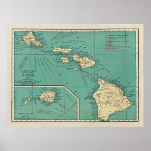 Old Hawaii Map (1924) Vintage Hawaiian Islands  Poster